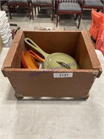 WOOD BOX W/ CAST IRON PAN/ LID, AND SKILLET/ LID