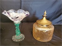 Vtg. Crackle Bowl Jar & Signed Glass Art Work