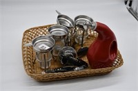 Basket of Corkscrews, Peppermill, Olive Oil Cruet