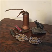 Oil Can, Elephant Ashtray, Knives, Chevolet Patche