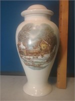 Lidded winter scene urn 10 inches tall