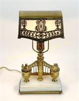 VINTAGE INKWELL TABLE LAMP WITH SLAG GLASS SHADE