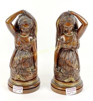 PAIR CARVED WOOD FEMALE FORM NEWEL POST FINIALS