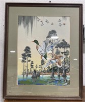 (L) Wooden Framed Artwork of Geese Flying Over a