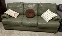 (J) Green Leather Couch w/ Pillows (91.5”long
