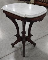 (II) Ornate Wooden Marble Top End Table measuring