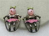 Vintage Pair of Girl Jumping Rope Brooch, Enameled