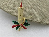 Vintage Enameled Christmas Candle Brooch, , 1960's
