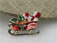 Vintage Enameled Christmas Sleigh Brooch, 1950's-1