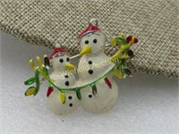 Vintage Christmas Snowman Brooch, Enameled, 1960's