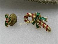 Vintage Pair Christmas Tack Pins, Candy Cane, Holl