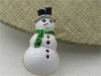 Vintage Christmas Snowman Enameled Brooch, 2-1/8"