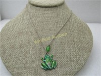 Vintage Sterling Green Enameled Frog Necklace, 18"