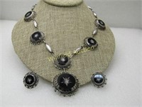 Vintage Sterling Obsidian Glass Carved Necklace Se