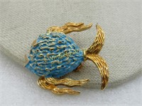 Vintage Blue Enameled Tropical Fish Brooch, Gold T