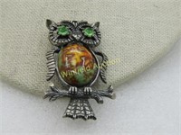 Vintage Rhinestone & Faux Agate Owl Brooch, Pewter