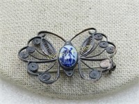 Vintage .835 Silver Delft Butterfly Brooch, Filigr