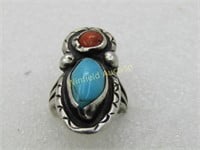 Vintage Sterling Southwestern Turquoise Coral Ring