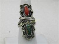 Vintage Sterling Silver Turquoise Coral Ring, Size