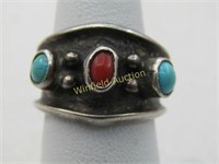 Vintage Sterling Turquoise Coral Band Ring, Sz. 7.
