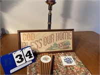 Bless our Home needlepoint and brass candlestick