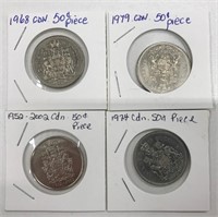 4 Canadian 50 Cent Pieces 1952-68-74 &79
