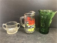 Various glassware, vase, sugar bowl and pitcher.