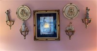 Living room wall lot includes a gold framed print