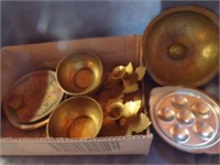 BRASS BOWLS AND PLATES AND 2 CANDLEHOLDERS