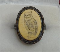 (XX)Vintg. Sterling Silver Ivory Owl Signet Ring