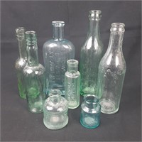 8 x Vtg Clear and Green Bottles
