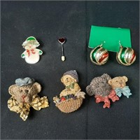 Bear & Christmas Pins and Earrings