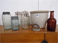 crock, canning jars, bottle, small sad iron