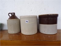 Stoneware crocks + jug (1 gal)