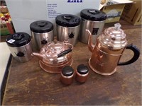 Canister set and copper-tone kettles