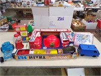 Box of Toys - Vintage - fire truck, train,