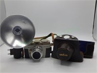 Argus C-twenty camera w/flash-leather case