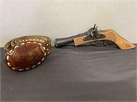 Leather Belt & Buckle and wooden toy pistol