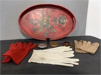 Oval Tole-Painted Tray, 3 pair Vintage gloves,