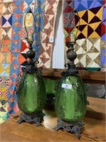 (2x) Mid-Century green glass lamps, no lamp shades