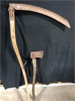 (2 Pcs) Antique Tools - Scythe & Axe