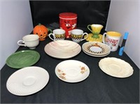 Assorted ceramics - mugs, plates, M&M canister