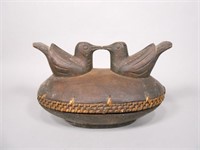 African Carved Wood Covered Dish w/ Birds