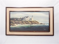 Lighthouse Beach Scene Painting Signed Patti Rock