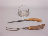 Sterling & Glass Dish and Carving Set w/ Sterilng