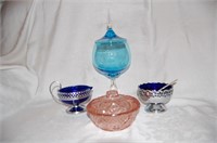 Blue Glass Goblet with Lid, Pink Impression