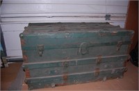 Antique Green Wooden Trunk with Metal Cladding