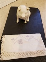 Belleek Pig and hand stitched hanky