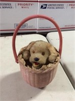 Vintage wind up puppy in basket that pops up