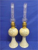 PAIR OF LARGE POTTERY KEROSENE LAMPS